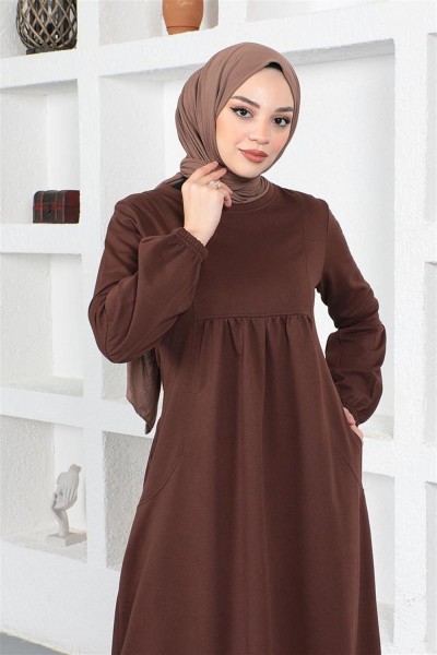 Balon Kol Spor Elbise KAHVERENGİ - Thumbnail