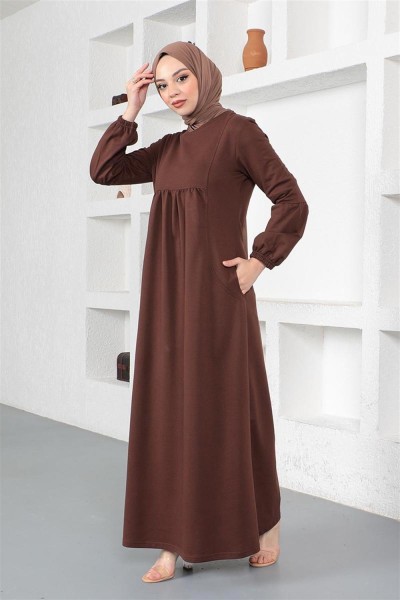 Balon Kol Spor Elbise KAHVERENGİ - Thumbnail