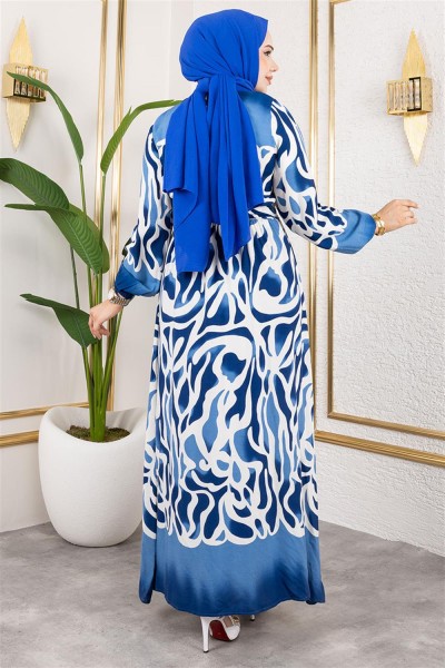 Batik Desenli Tesettür Elbise İNDİGO - Thumbnail
