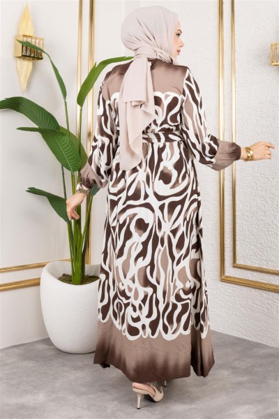 Batik Desenli Tesettür Elbise KAHVERENGİ - Thumbnail