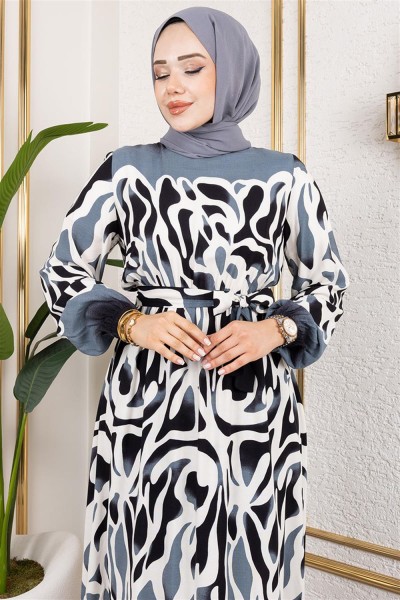 Batik Desenli Tesettür Elbise SİYAH - Thumbnail
