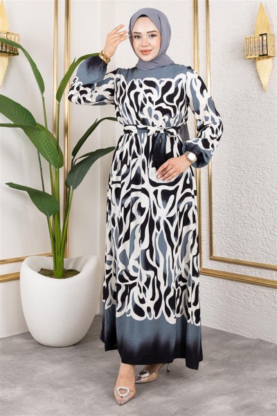 Batik Desenli Tesettür Elbise SİYAH - Thumbnail