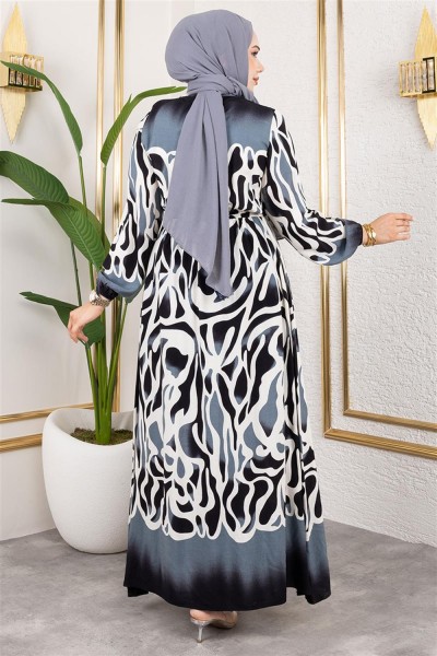 Batik Desenli Tesettür Elbise SİYAH - Thumbnail