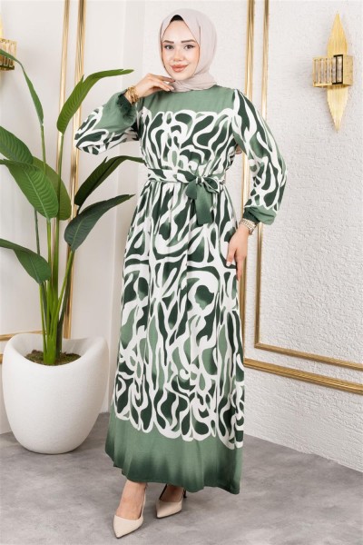 Batik Desenli Tesettür Elbise YEŞİL - Thumbnail