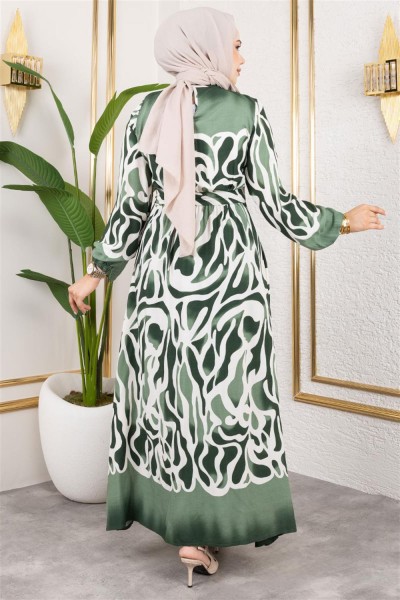 Batik Desenli Tesettür Elbise YEŞİL - Thumbnail