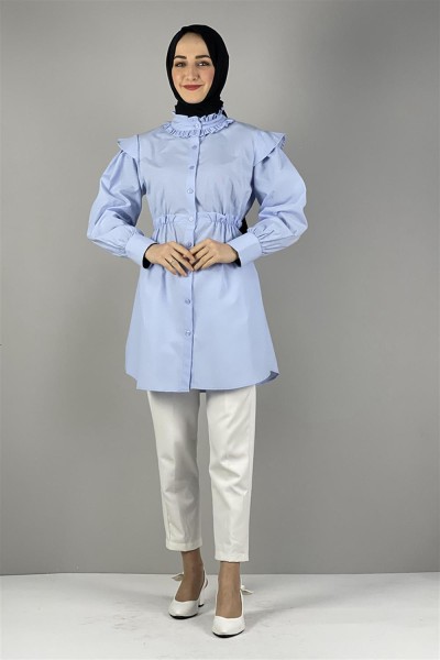 Bel Ve Yaka Detaylı Tunik MAVİ - Thumbnail