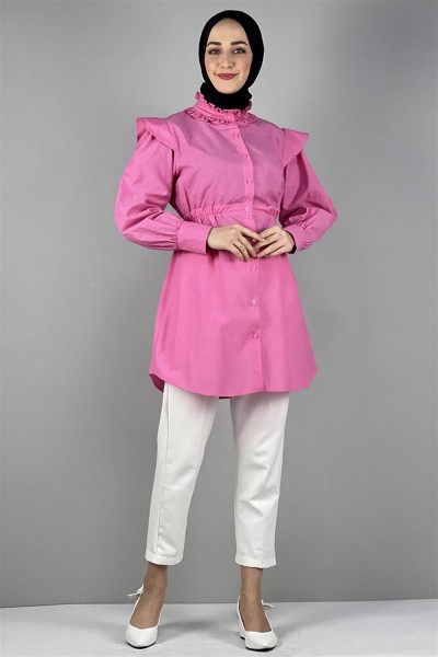 Bel Ve Yaka Detaylı Tunik PEMBE - Thumbnail