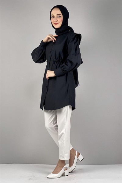 Bel Ve Yaka Detaylı Tunik SİYAH - Thumbnail