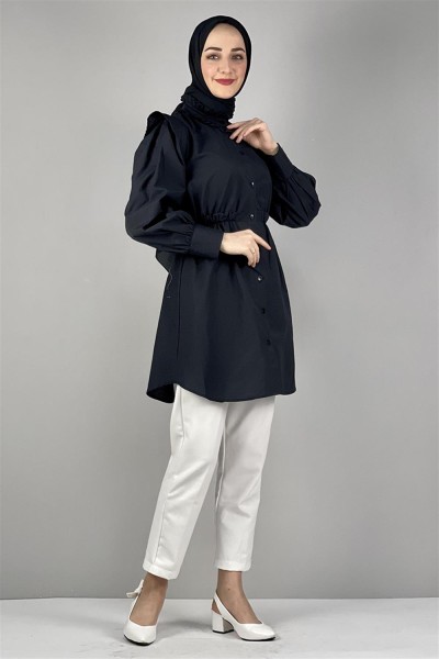 Bel Ve Yaka Detaylı Tunik SİYAH - Thumbnail