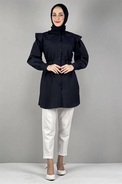 Bel Ve Yaka Detaylı Tunik SİYAH - Thumbnail
