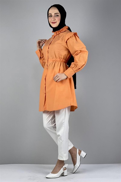 Bel Ve Yaka Detaylı Tunik TURUNCU - Thumbnail
