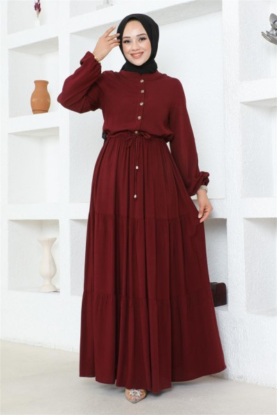 Belden Bağcıklı Viskon Elbise BORDO - Thumbnail