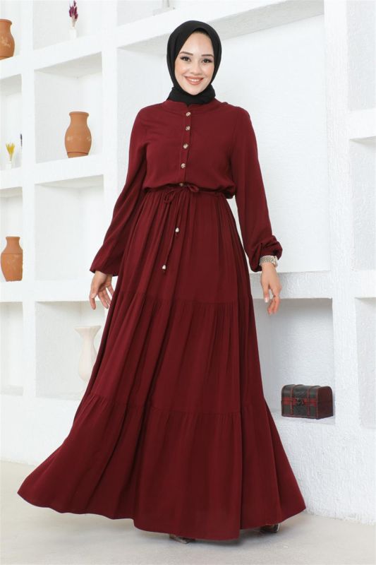 Belden Bağcıklı Viskon Elbise BORDO - 1