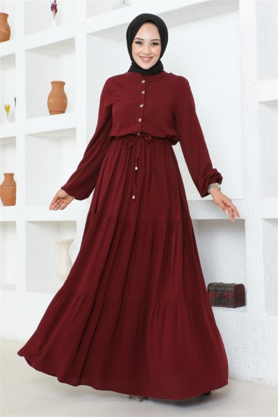 Belden Bağcıklı Viskon Elbise BORDO - Thumbnail