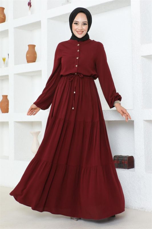 Belden Bağcıklı Viskon Elbise BORDO - 2