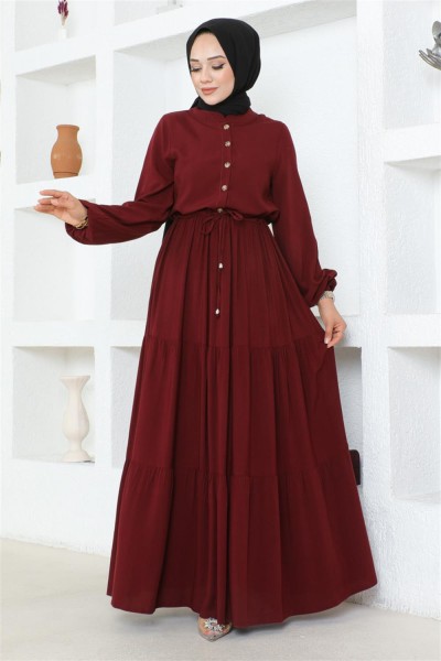 Belden Bağcıklı Viskon Elbise BORDO - Thumbnail