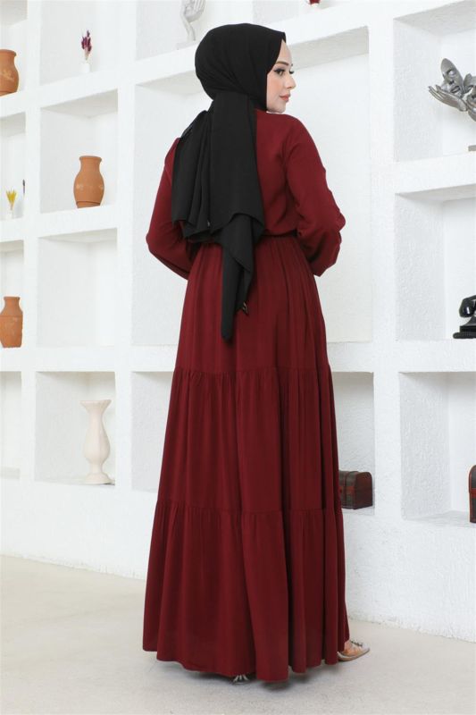 Belden Bağcıklı Viskon Elbise BORDO - 5
