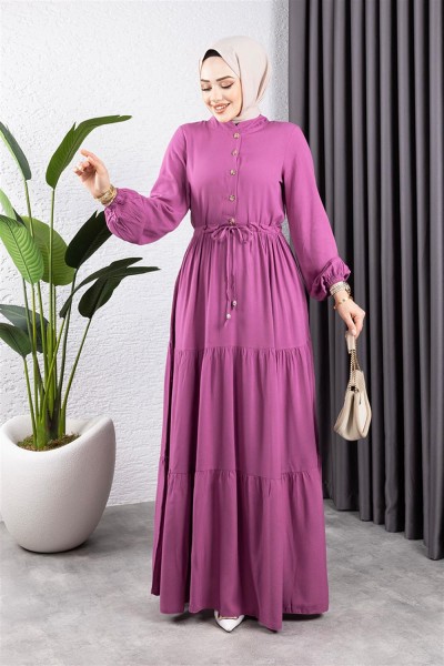 Belden Bağcıklı Viskon Elbise GÜL KURUSU - Thumbnail