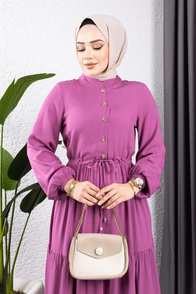 Belden Bağcıklı Viskon Elbise GÜL KURUSU - Thumbnail