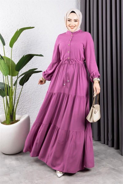 SGS - Belden Bağcıklı Viskon Elbise GÜL KURUSU