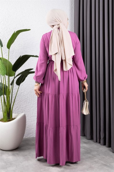 Belden Bağcıklı Viskon Elbise GÜL KURUSU - Thumbnail