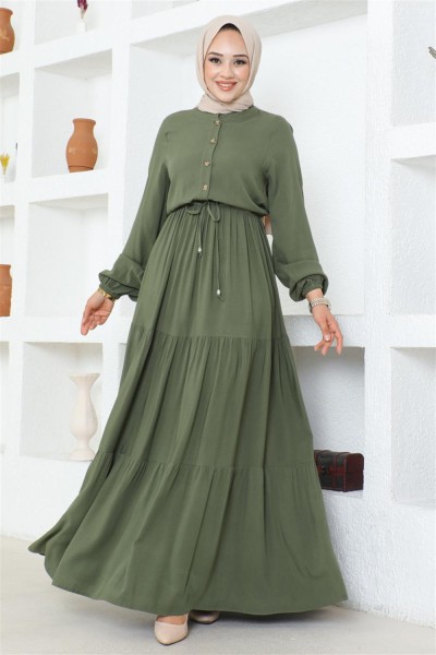 Belden Bağcıklı Viskon Elbise HAKİ - Thumbnail