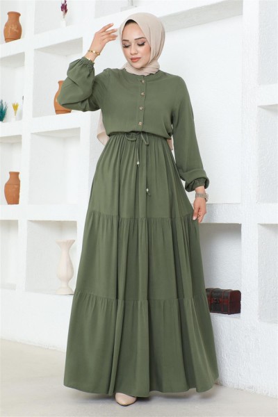 Belden Bağcıklı Viskon Elbise HAKİ - Thumbnail