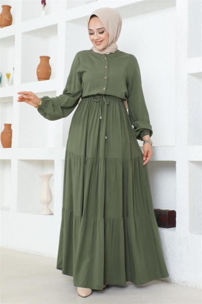 Belden Bağcıklı Viskon Elbise HAKİ - Thumbnail