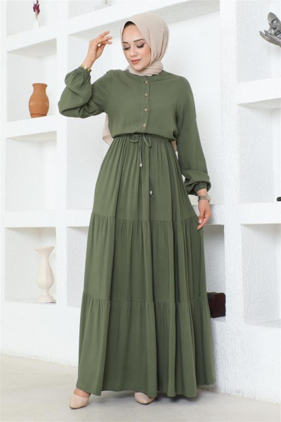 Belden Bağcıklı Viskon Elbise HAKİ - Thumbnail