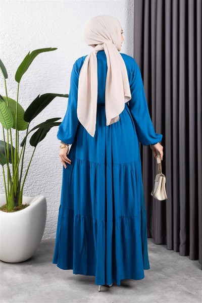 Belden Bağcıklı Viskon Elbise İNDİGO - Thumbnail