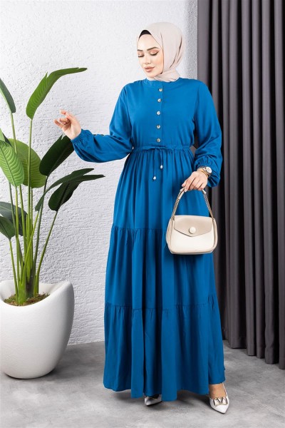 Belden Bağcıklı Viskon Elbise İNDİGO - Thumbnail