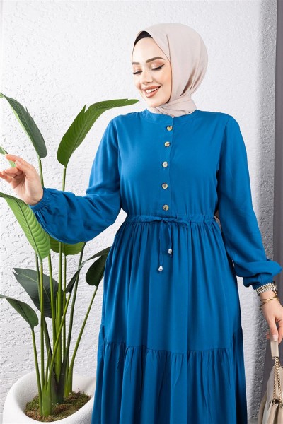 Belden Bağcıklı Viskon Elbise İNDİGO - Thumbnail