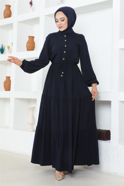 Belden Bağcıklı Viskon Elbise LACİVERT - Thumbnail