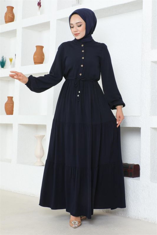 Belden Bağcıklı Viskon Elbise LACİVERT - 3