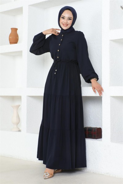 Belden Bağcıklı Viskon Elbise LACİVERT - Thumbnail