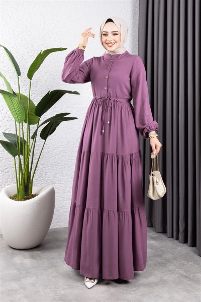 Belden Bağcıklı Viskon Elbise LİLA - Thumbnail
