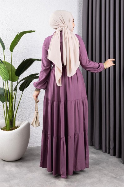Belden Bağcıklı Viskon Elbise LİLA - Thumbnail