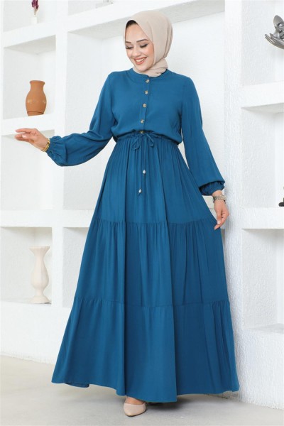 Belden Bağcıklı Viskon Elbise PETROL - Thumbnail