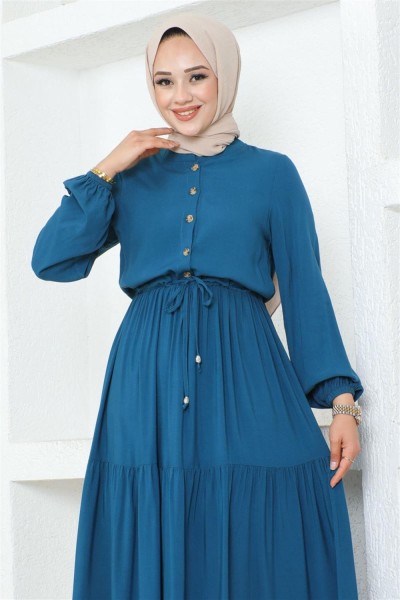 Belden Bağcıklı Viskon Elbise PETROL - Thumbnail