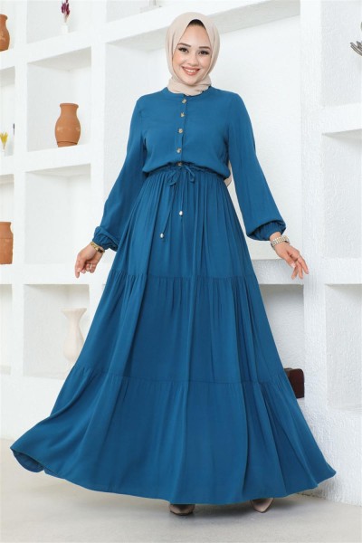 Belden Bağcıklı Viskon Elbise PETROL - Thumbnail