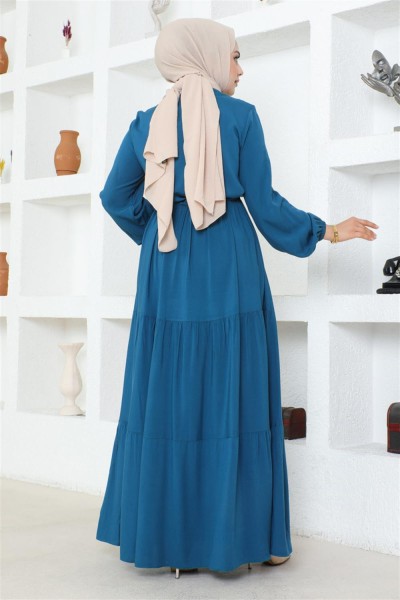 Belden Bağcıklı Viskon Elbise PETROL - Thumbnail