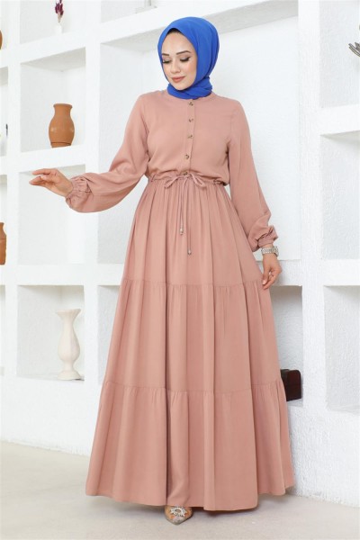 Belden Bağcıklı Viskon Elbise PUDRA - Thumbnail