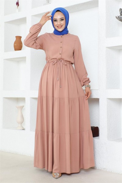 Belden Bağcıklı Viskon Elbise PUDRA - Thumbnail