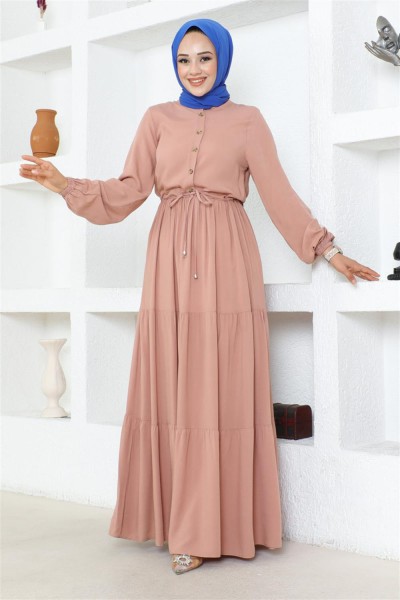 Belden Bağcıklı Viskon Elbise PUDRA - Thumbnail