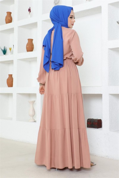 Belden Bağcıklı Viskon Elbise PUDRA - Thumbnail