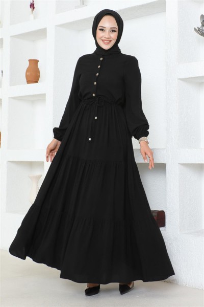 Belden Bağcıklı Viskon Elbise SİYAH - Thumbnail