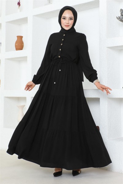 Belden Bağcıklı Viskon Elbise SİYAH - Thumbnail