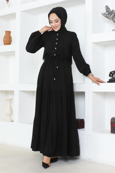 Belden Bağcıklı Viskon Elbise SİYAH - Thumbnail