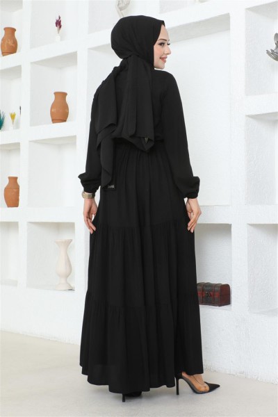 Belden Bağcıklı Viskon Elbise SİYAH - Thumbnail