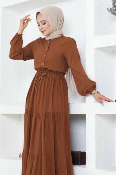 Belden Bağcıklı Viskon Elbise TABA - Thumbnail